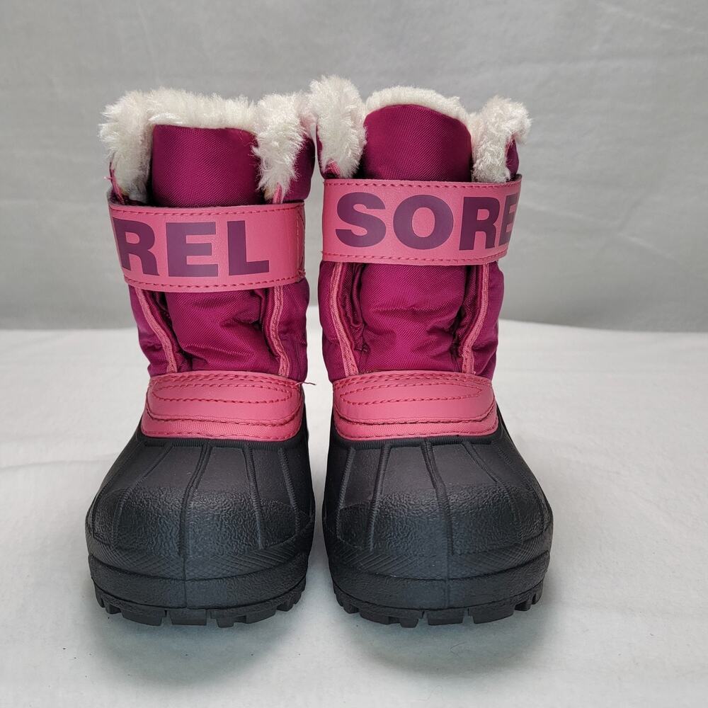 Sorel Girls Snow Boots 9 Pink Black Faux Fur Lined Winter Waterproof